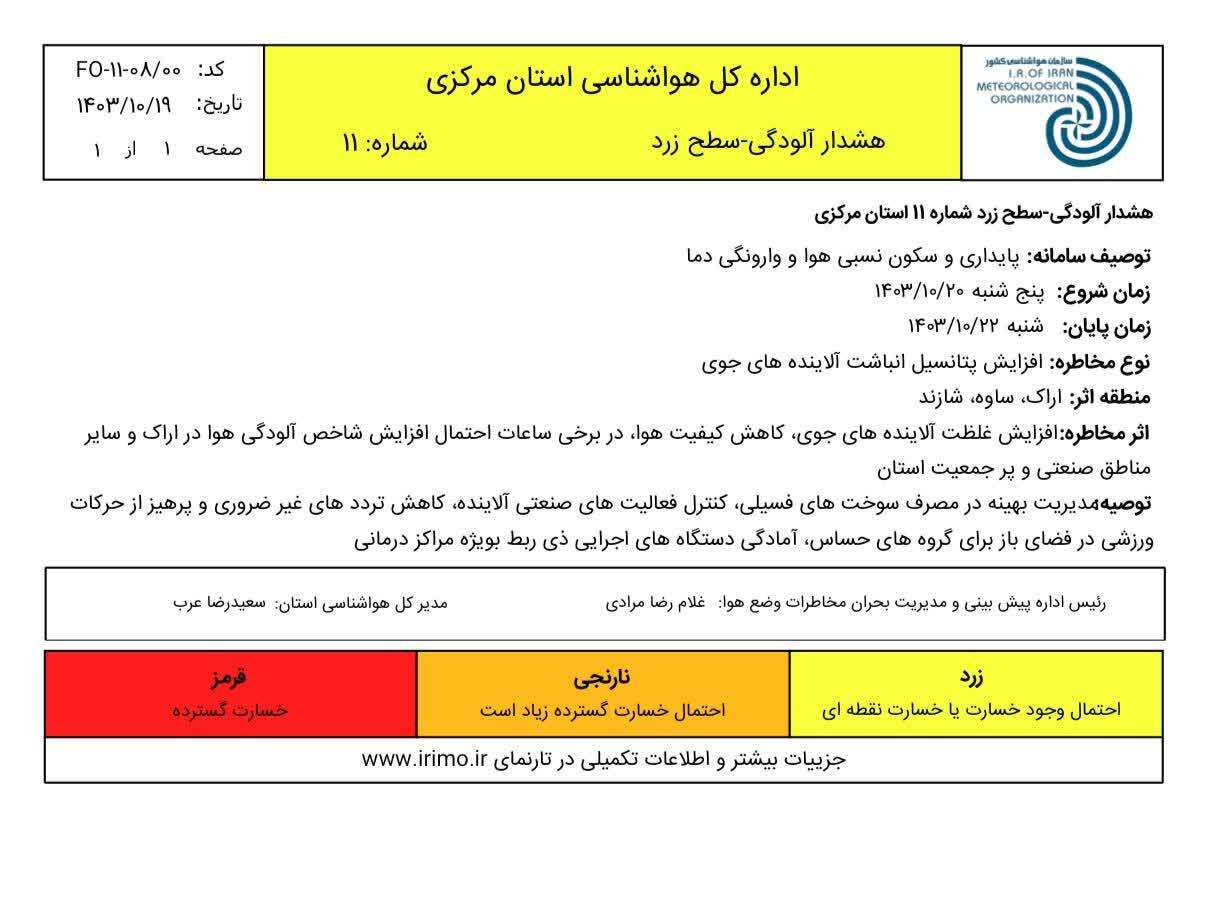 هشدار آلودگی شماره ۱۱ سطح زرد هواشناسی 