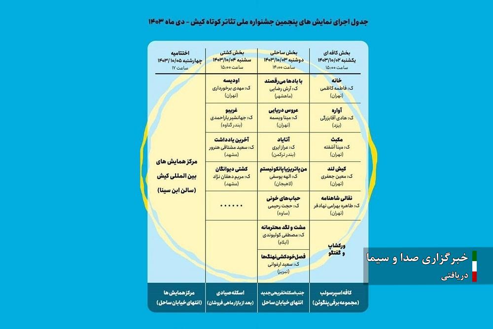 جدول اجرای نمایش‌های پنجمین جشنواره ملی تئاتر کوتاه کیش