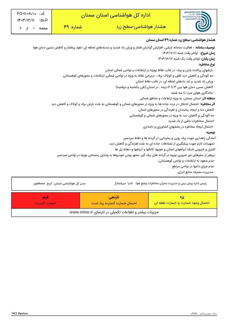 اعلام هشدار زرد بارندگی در سمنان