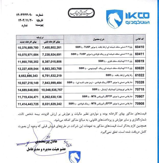 ایران خودرو هم قیمت‌های جدید را اعلام کرد
