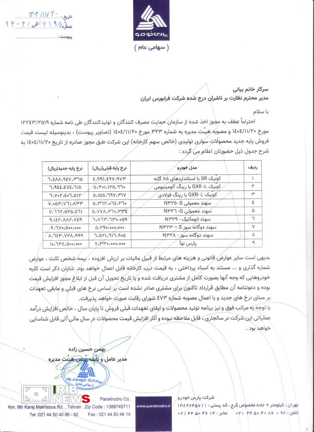 افزایش قیمت محصولات تولیدی پارس‌خودرو 
